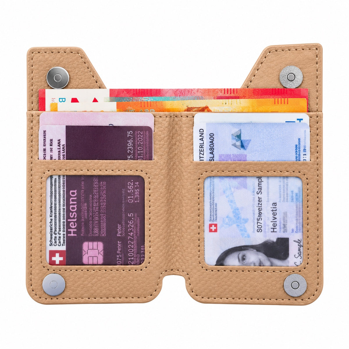 Aufklebbares Zippwallet Beige – Innenansicht mit Karten- und Notenfach