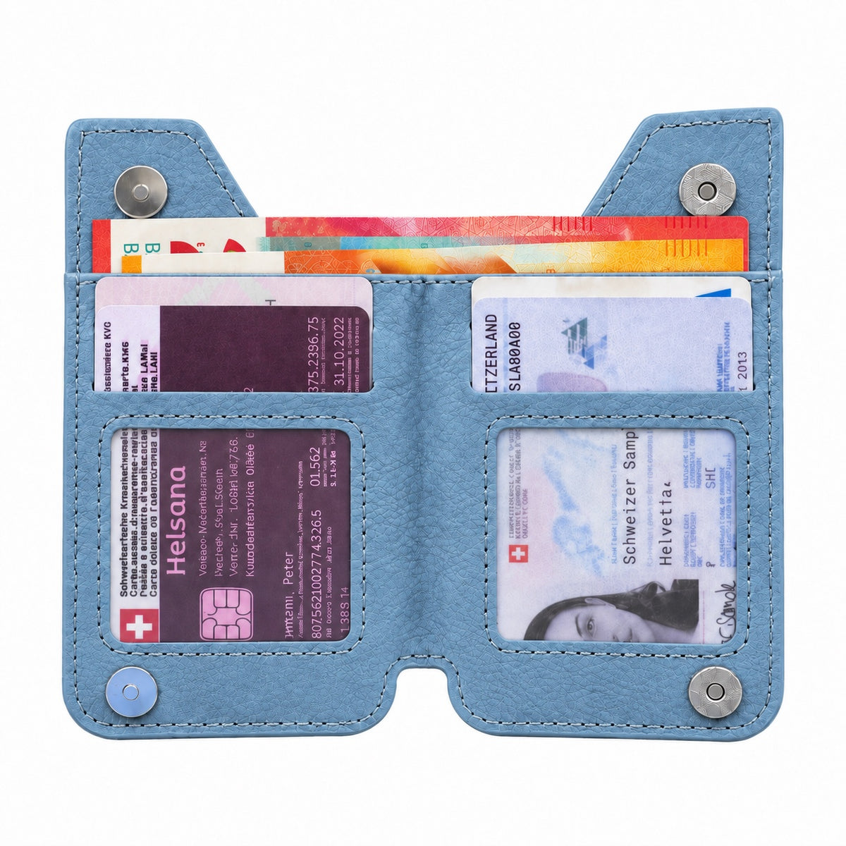 Aufklebbares Zippwallet Blau – Innenansicht mit Karten- und Notenfach
