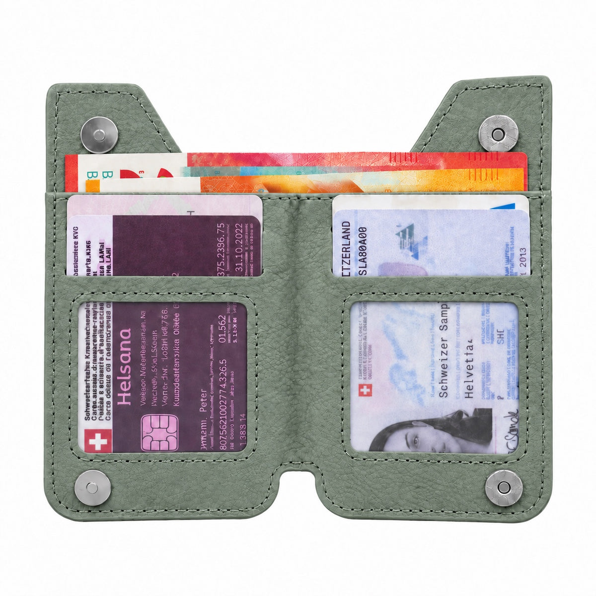 Aufklebbares Zippwallet Grün – Innenansicht mit Karten- und Notenfach