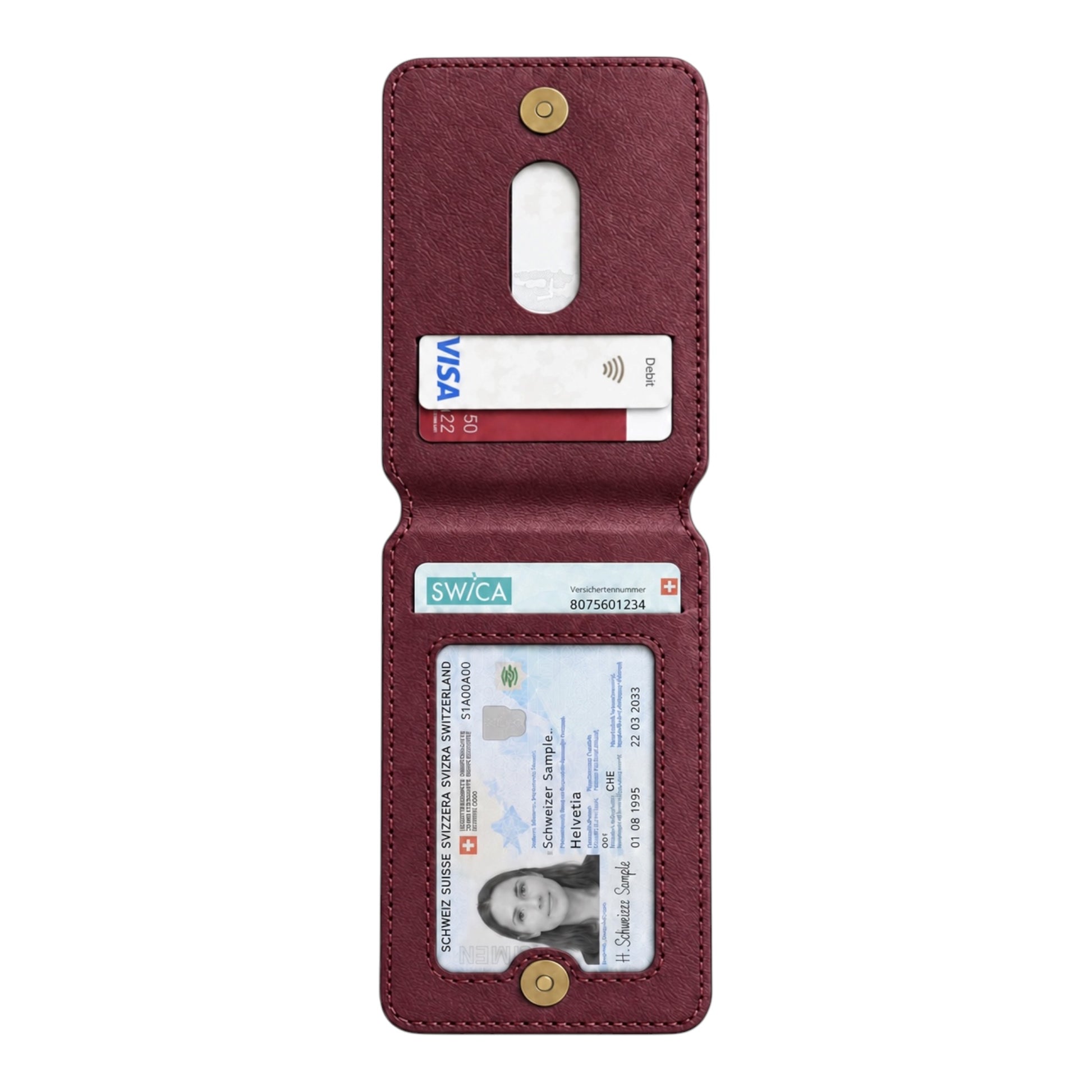 MagSafe Magnetic Zipper Wallet Bordeaux – offene Innenansicht mit Kartenfächern