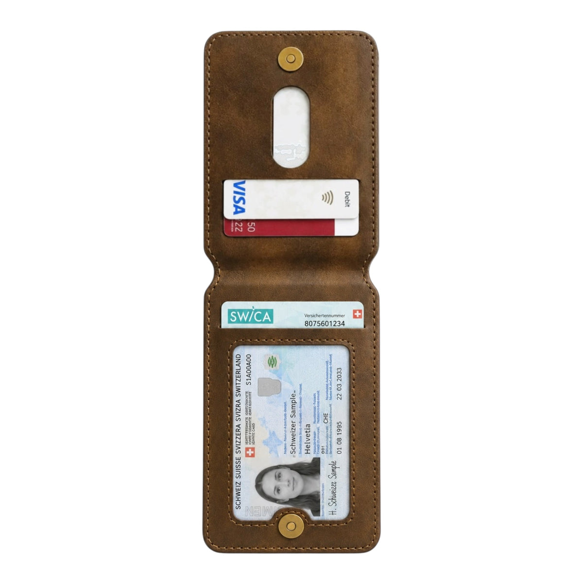 MagSafe Magnetic Zipper Wallet Braun – offene Innenansicht mit Kartenfächern