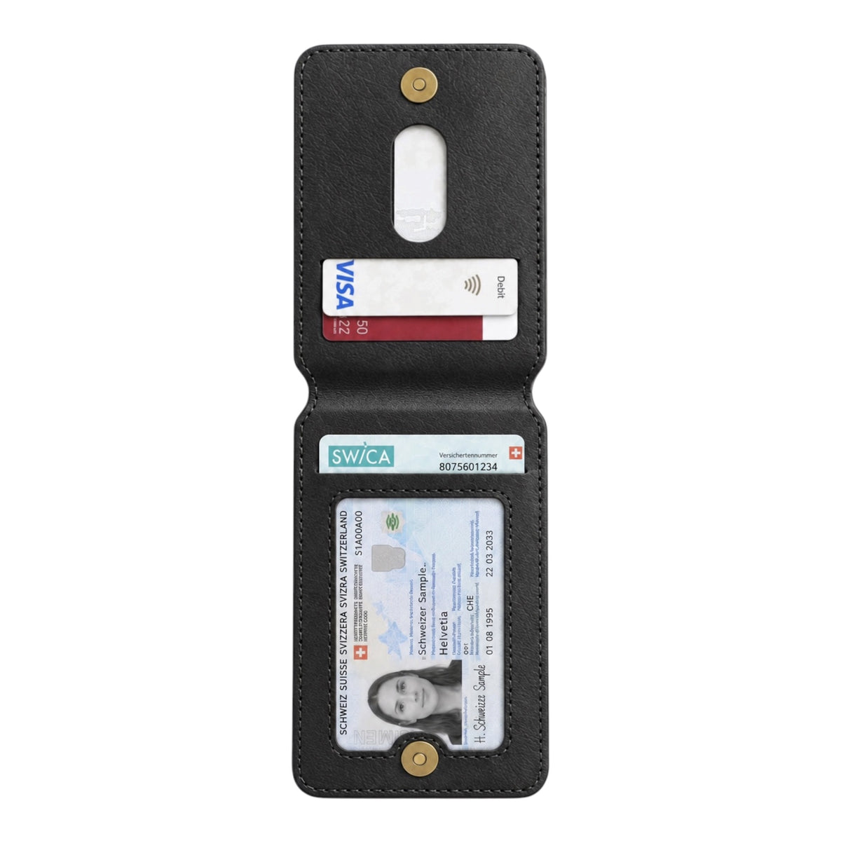 MagSafe Magnetic Zipper Wallet Schwarz – offene Innenansicht mit Kartenfächern