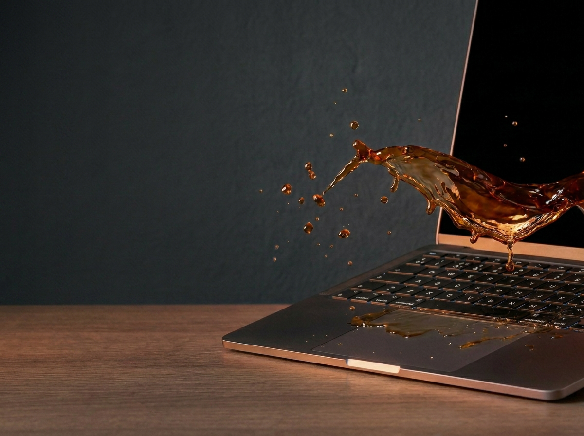 Eingefrorener Kaffee-Unfall über offenem Laptop, 4:3